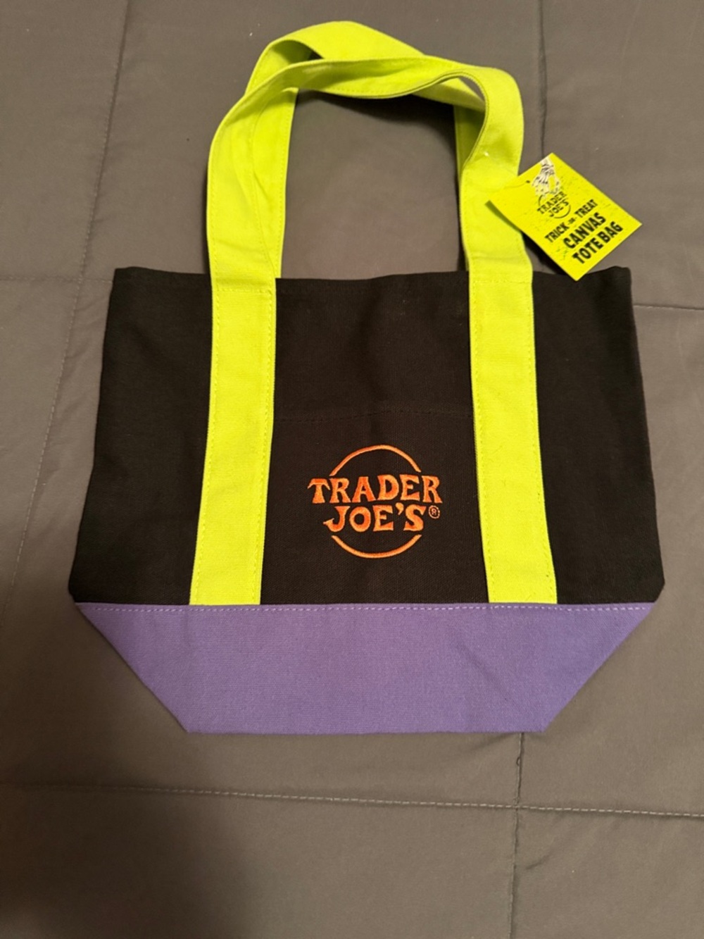 Trader Joe’s Black Canvas Tote Bag with Yellow Handles and Purple Base w double